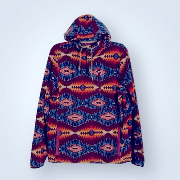 Dravus Aztec Southwestern Fleece Hooded Snap Button Pullover Jacket Size Medium - Picture 1 of 5